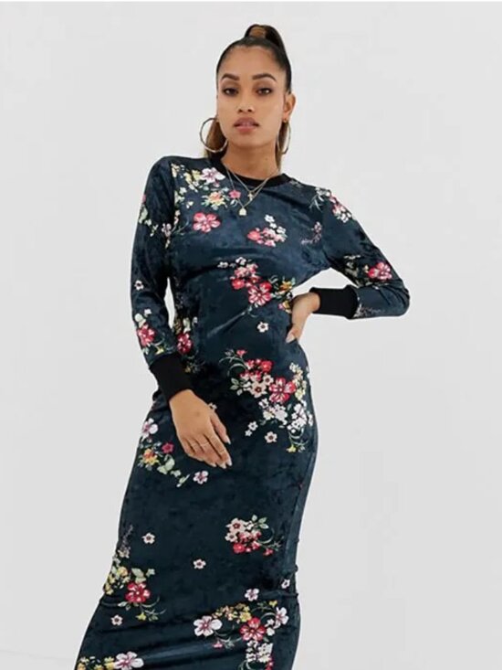 ASOS Dresses & Skirts - ASOS Velvet Floral Midi Dress Open Back Long Sleeve Bodycon Cocktail Party US 6